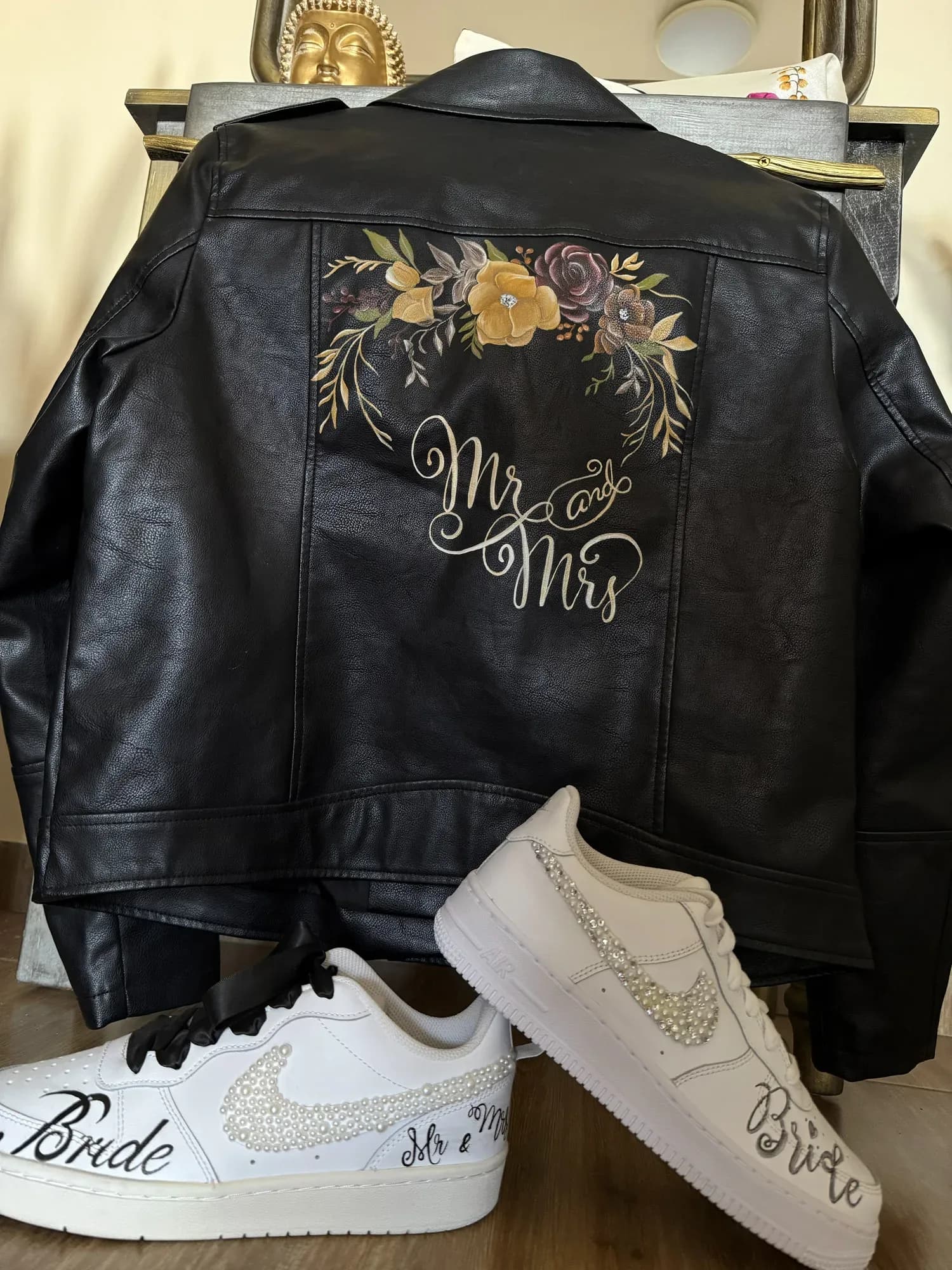 Black leather jacket painted with flowers and 'Mr & Mrs', with bridal sneakers