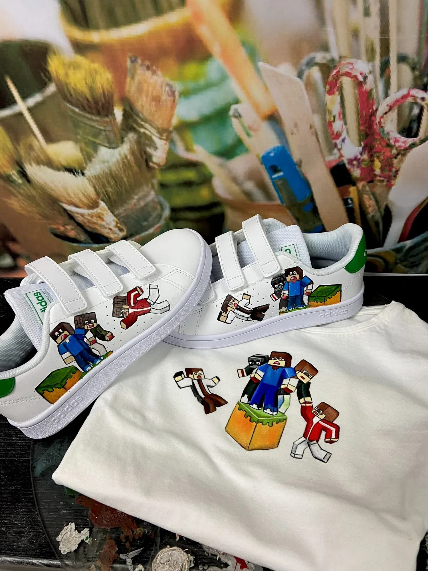 Kids' velcro sneakers painted with Minecraft characters, with a matching white T-shirt