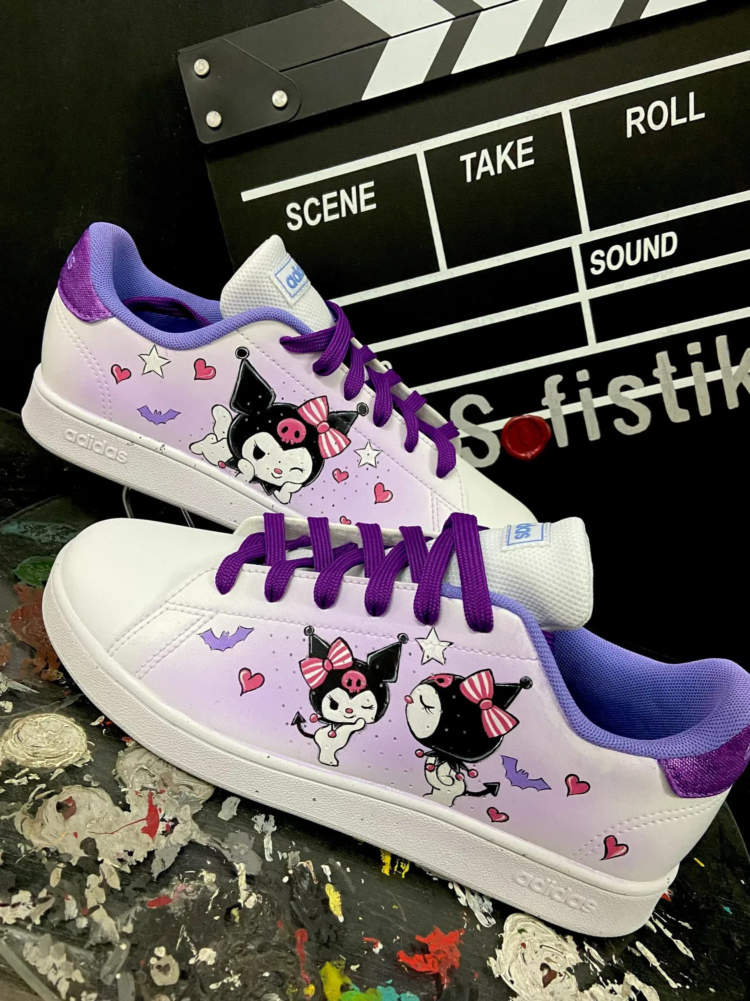 Kids' sneakers hand-painted with Kuromi and purple laces