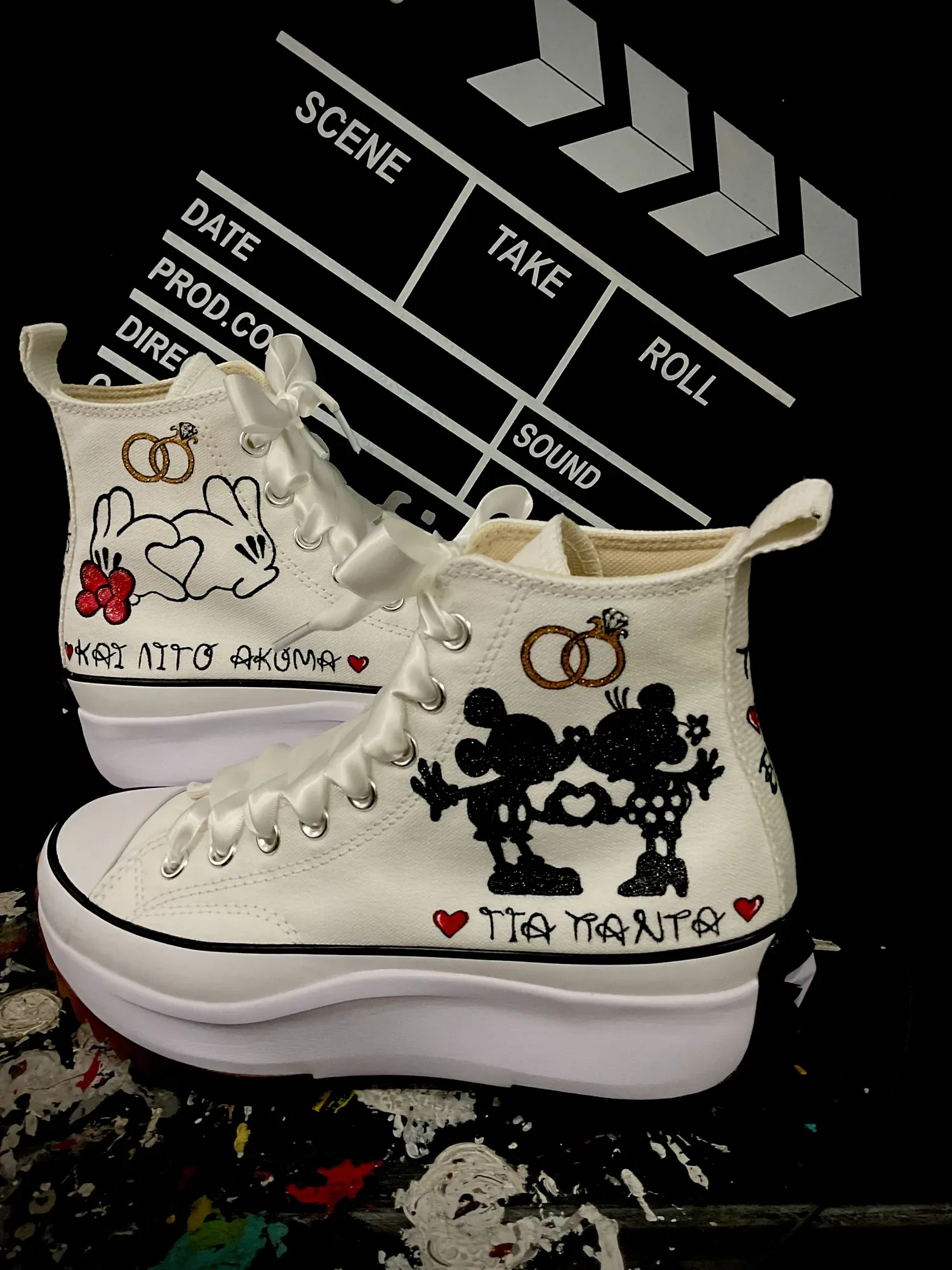 Wedding high-tops hand-painted with Mickey and Minnie and wedding rings