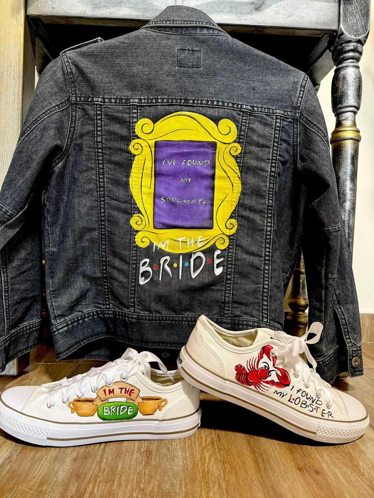 Dark denim jacket painted for a bride, with matching sneakers