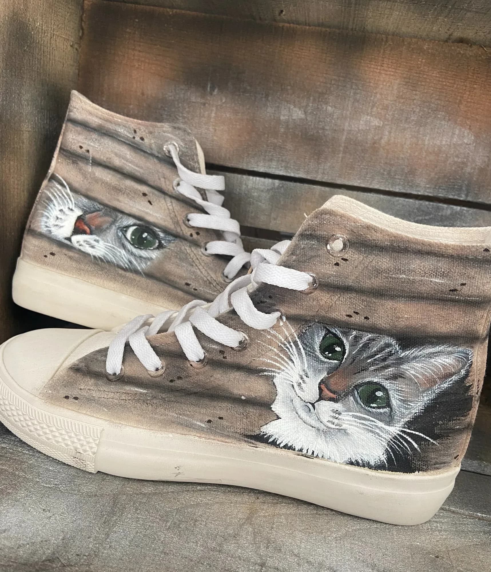 High-tops hand-painted with cats on a wood-look background