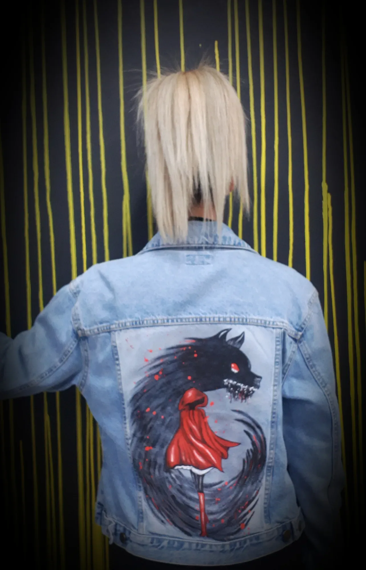 Denim jacket hand-painted on the back with a wolf and Little Red Riding Hood