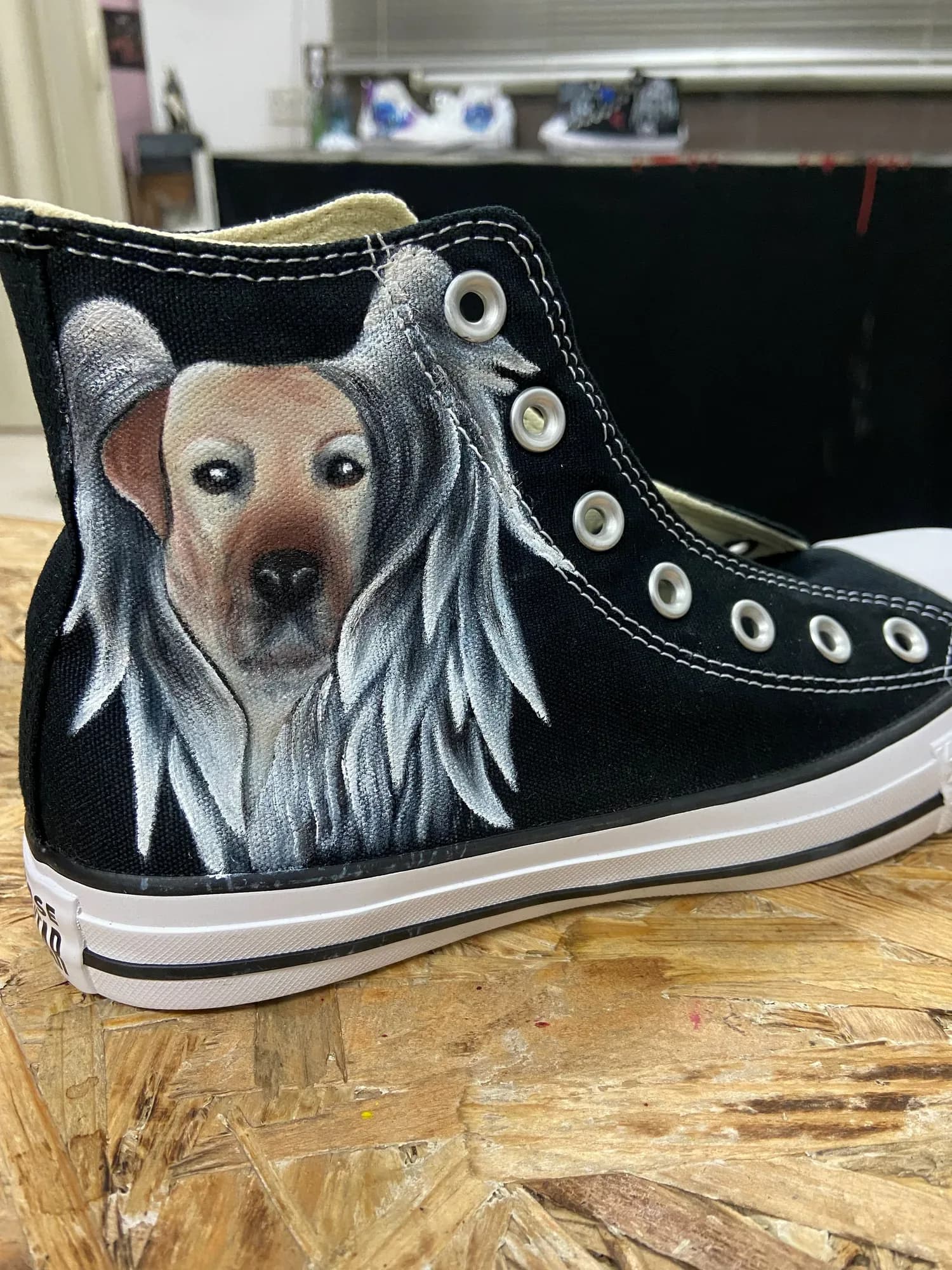 Black high-top hand-painted with a dog with angel wings