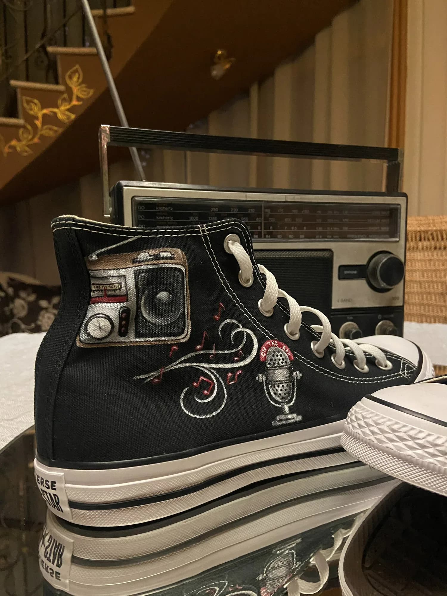 Black platform high-top hand-painted with a vintage radio