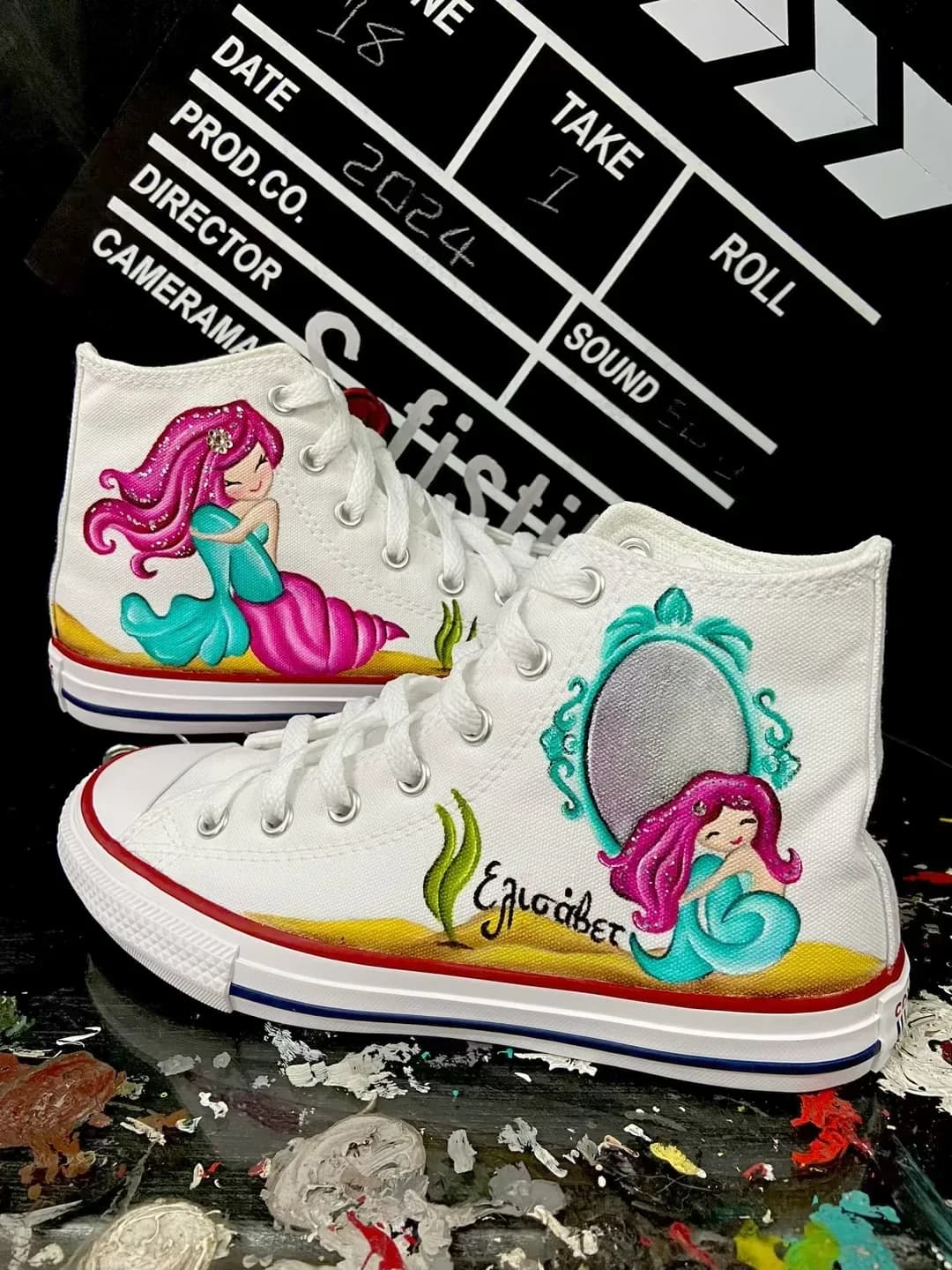 Kids' high-tops hand-painted with little mermaids and a mirror