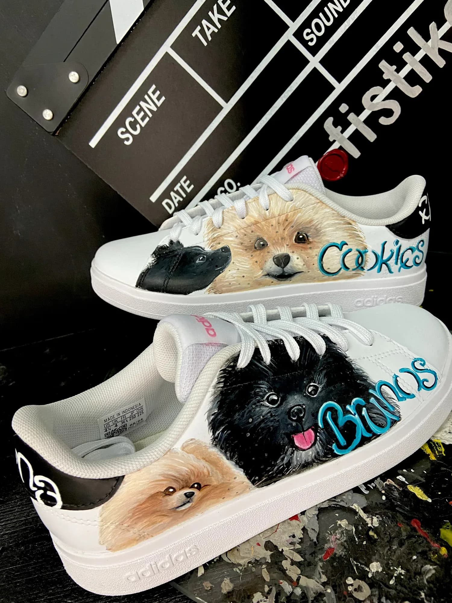 White sneakers hand-painted with Pomeranian dogs