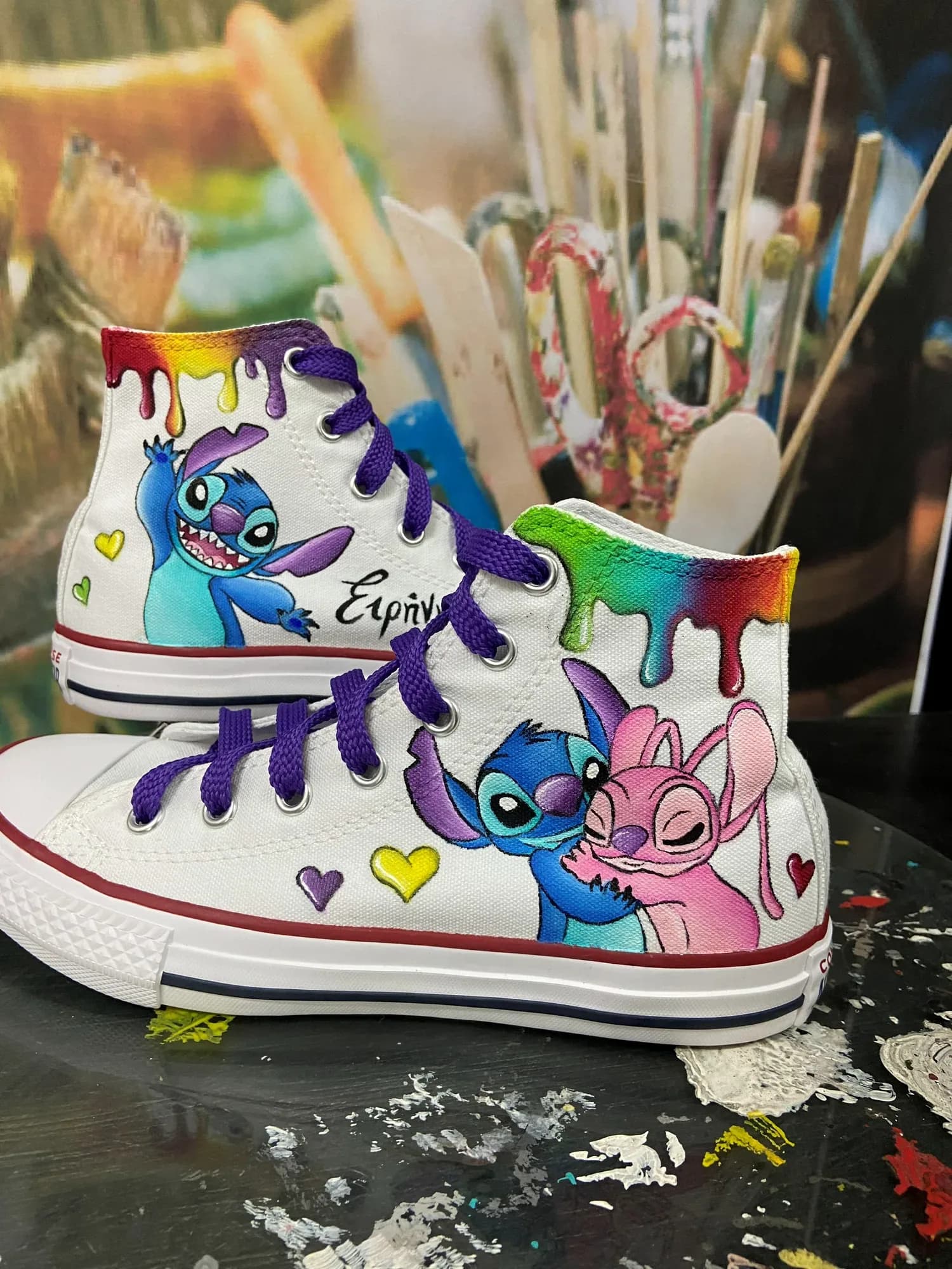 Kids' high-tops with Stitch, Angel and colourful paint drips