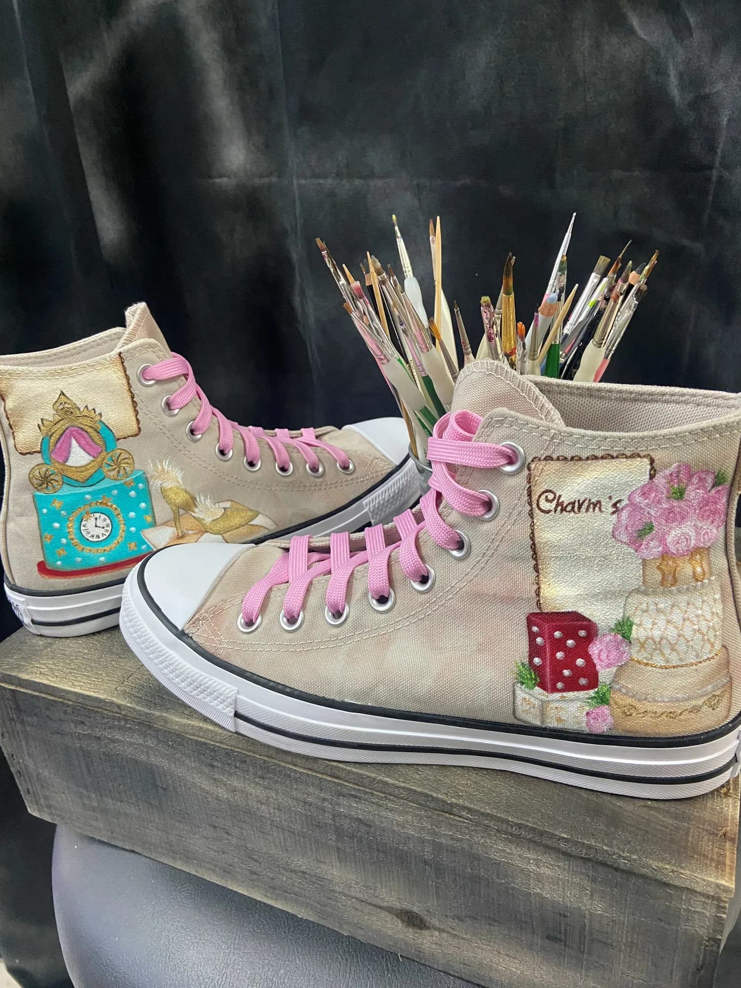 Pastel high-tops hand-painted with a cake and sweets