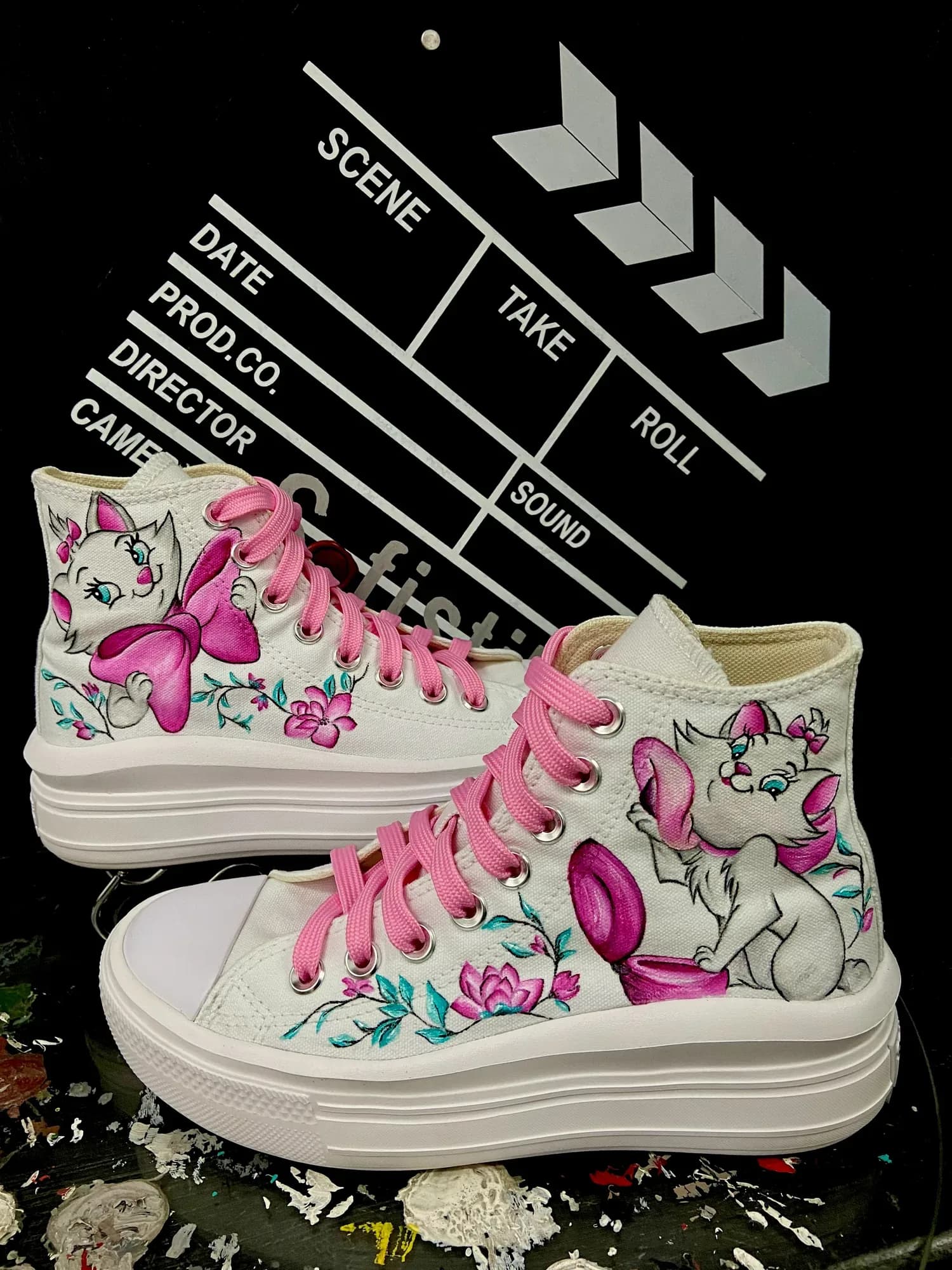 White platform high-tops hand-painted with a kitten and pink flowers
