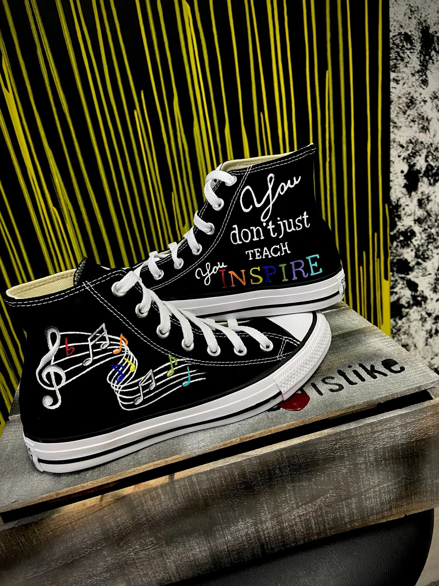Black high-tops for a teacher with music notes and 'You inspire'