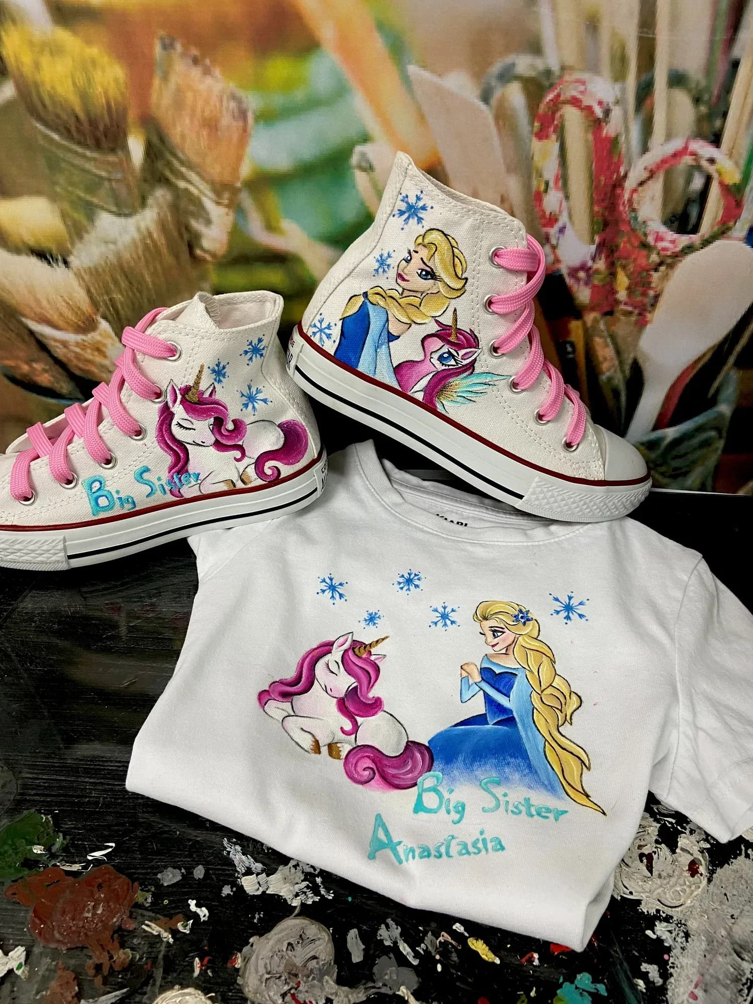 Unicorn and Elsa high-tops with a matching 'Big Sister' T-shirt