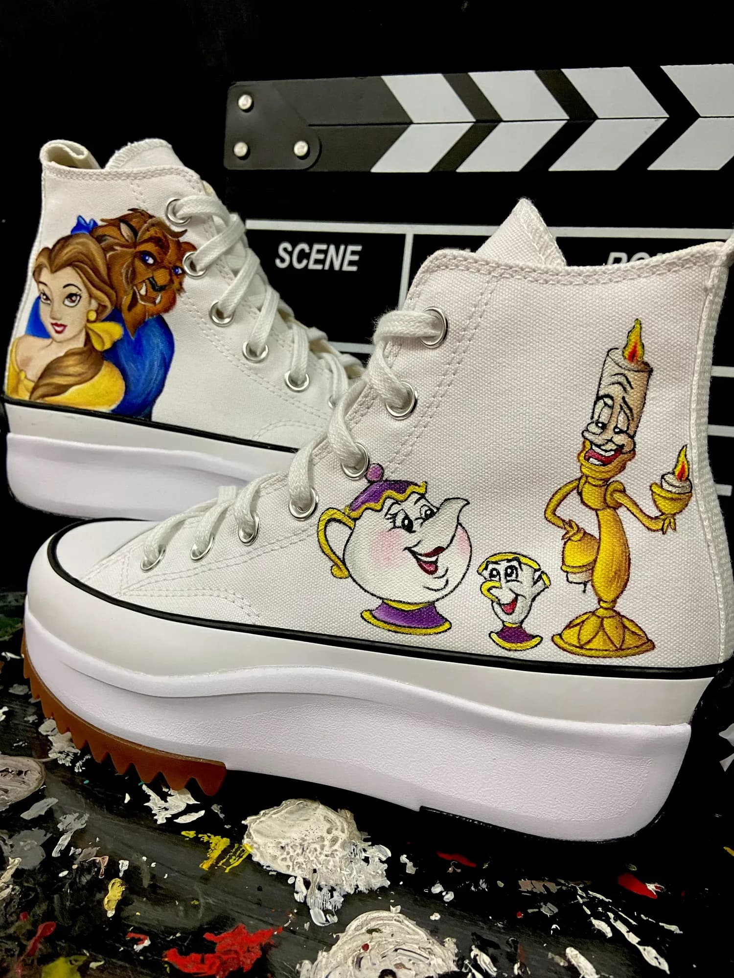 White platform high-top hand-painted with Belle, Mrs Potts and Lumiere from Beauty and the Beast
