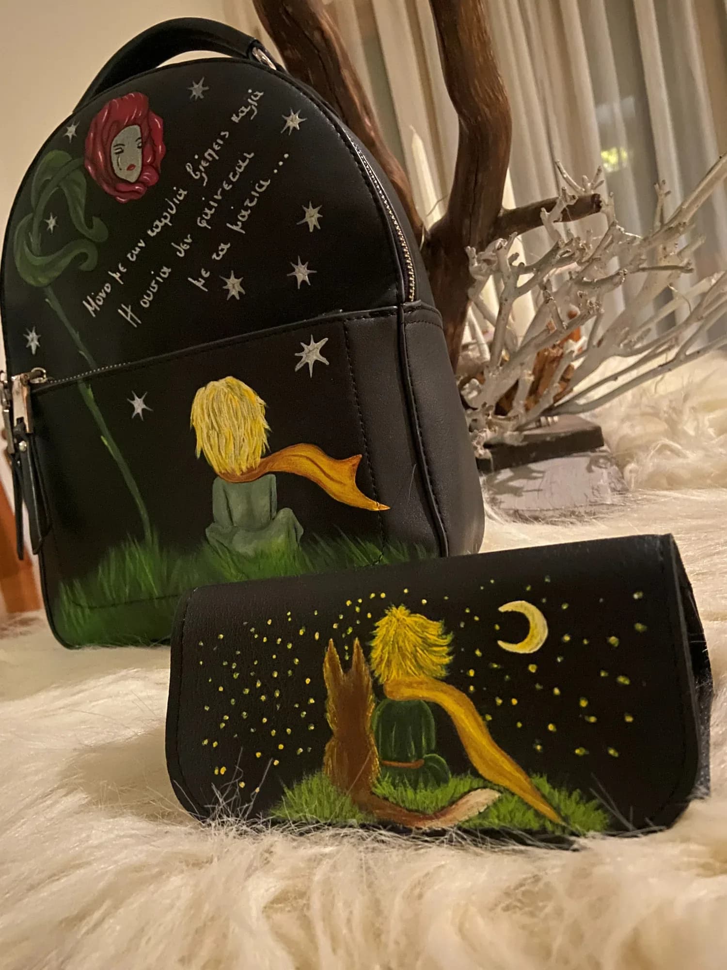 Black backpack and wallet hand-painted with a little prince and a fox under the stars